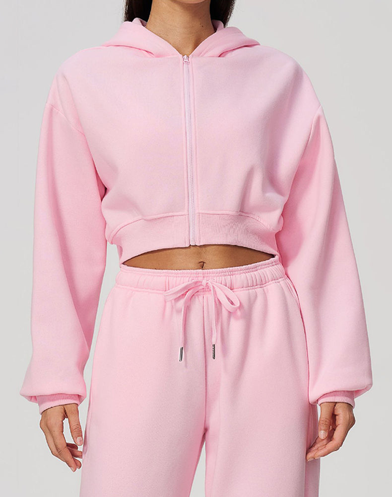 Long Sleeve Full Zip Cropped Casual Hooded