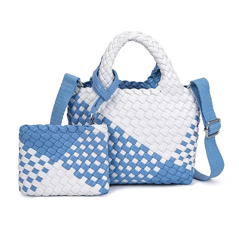 New Woven Pu Leather Tote Bag Crossbody - Blue