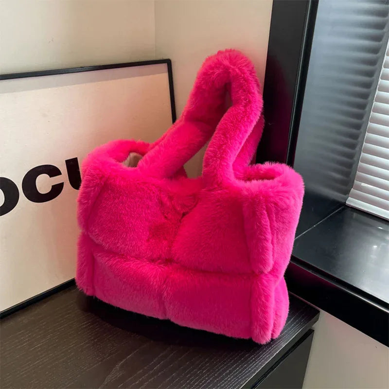 Winter Soft Plush Shoulder Handbag Bag Large Fluffy Tote Bag - Rose Red