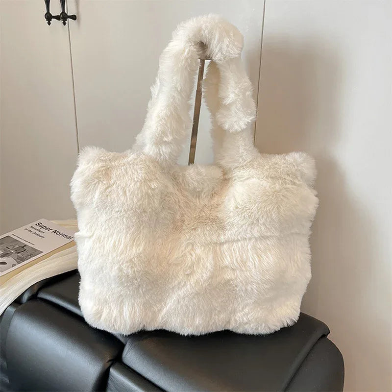 Fluffy Tote Bag Large Fur Winter Fuzzy Shoulder Handbag - White