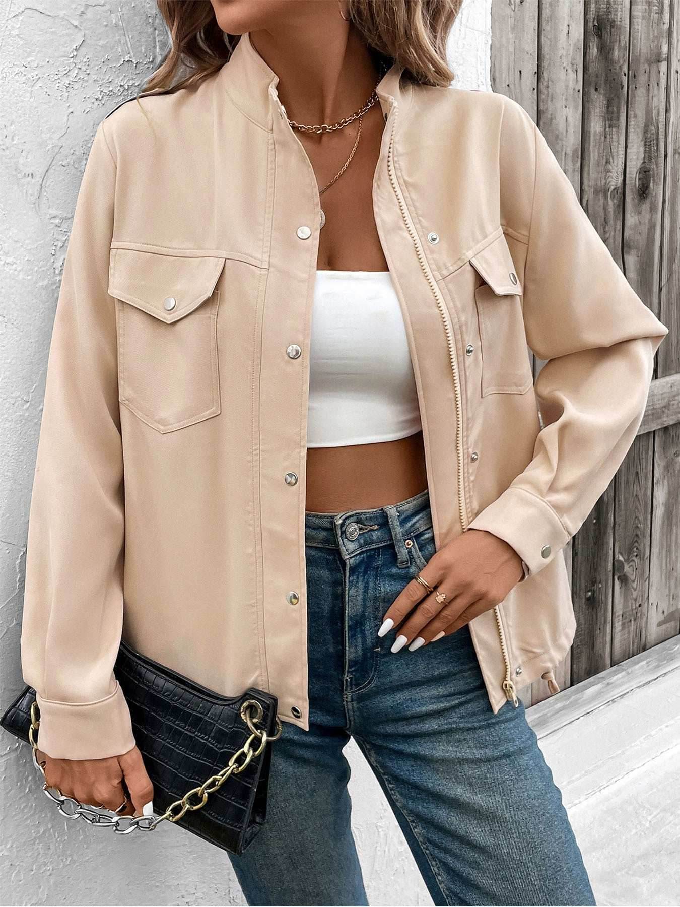 Casual Long Sleeve Shacket with Pockets