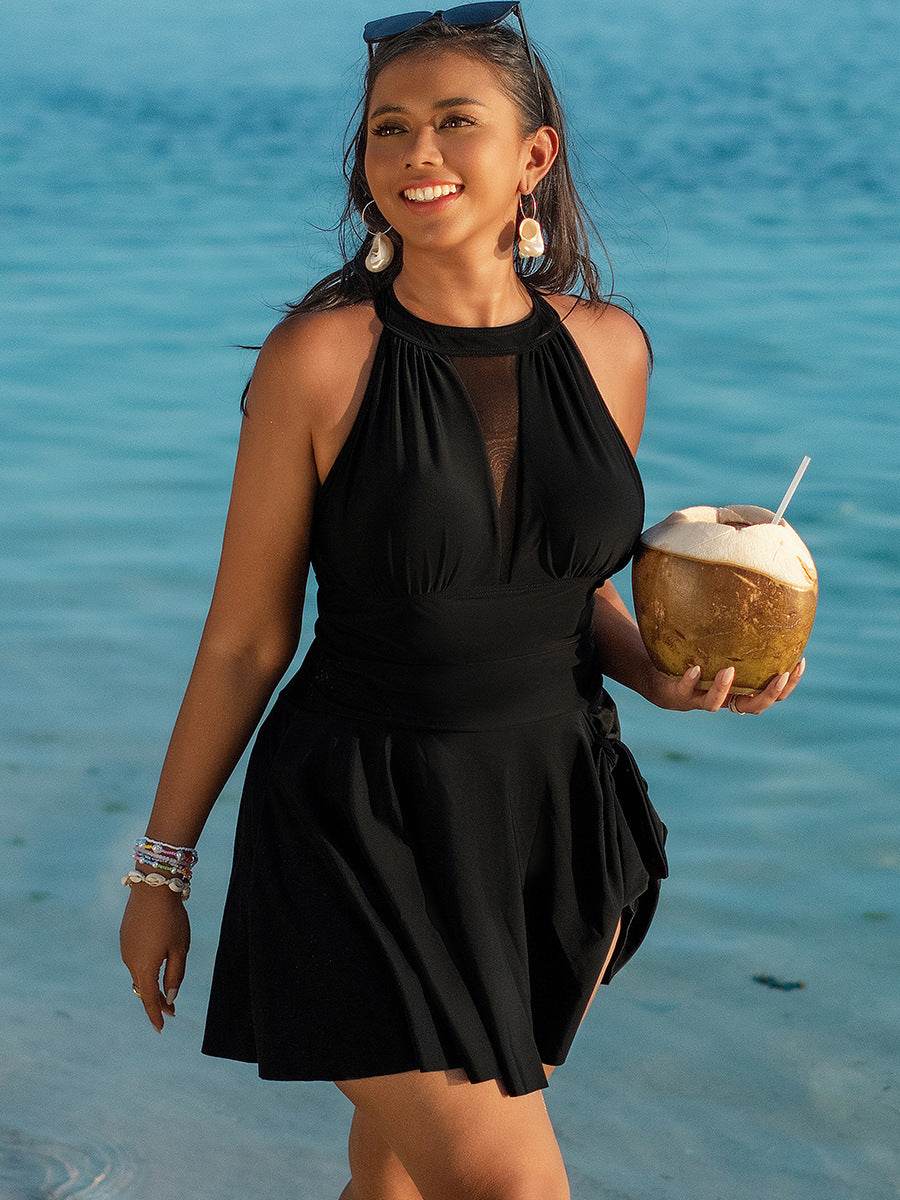 Plus Size Halter Cutout One Piece Swim Dress