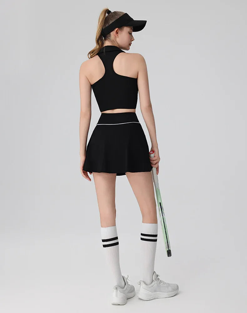 Tennis Sets with Polo Collared Crop Tank Top and Golf Skirt -