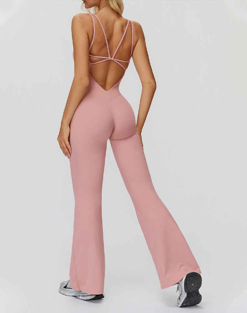 Cross Back One Piece Jumpsuit Yoga Flare Leg Rompers