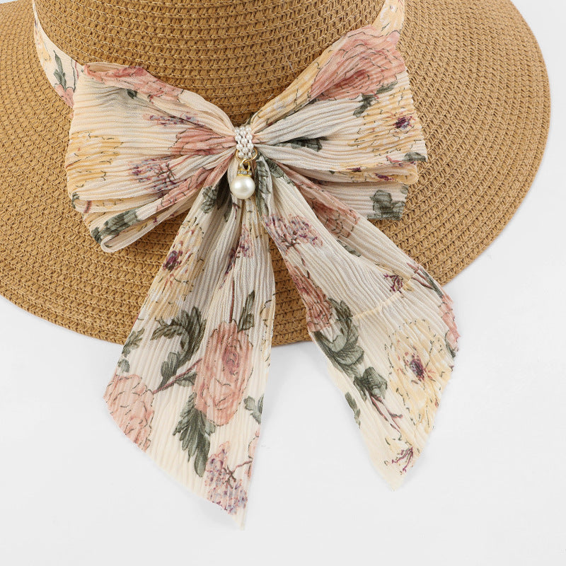 Summer Beach Straw Bucket Hat with Bow Tie