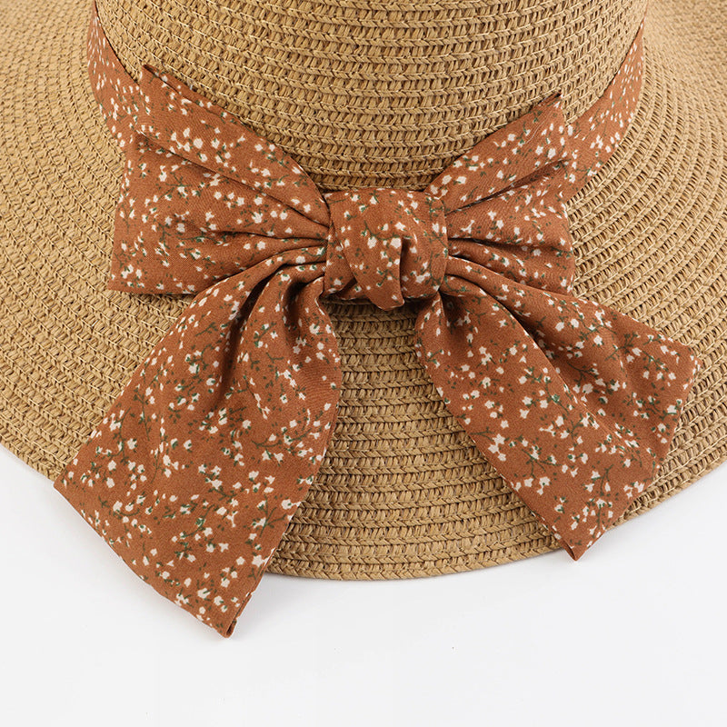 Summer Beach Sun Protection Straw Hat with Floral Bowknot