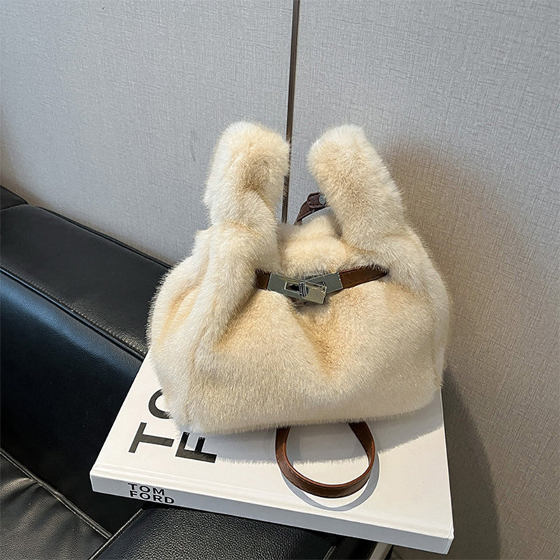 Fuzzy Shoulder Handbag Fluffy Plush Bucket Crossbody Bag