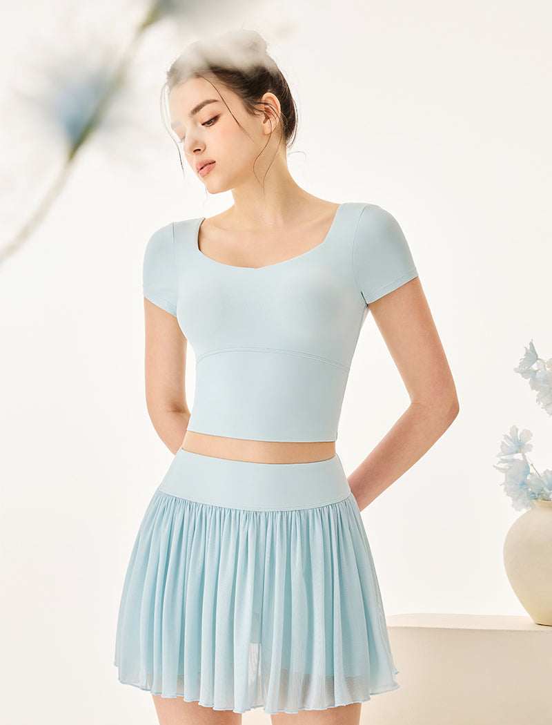 Activewear Set with Short Sleeve Crop T-Shirt and Skirt - Blue