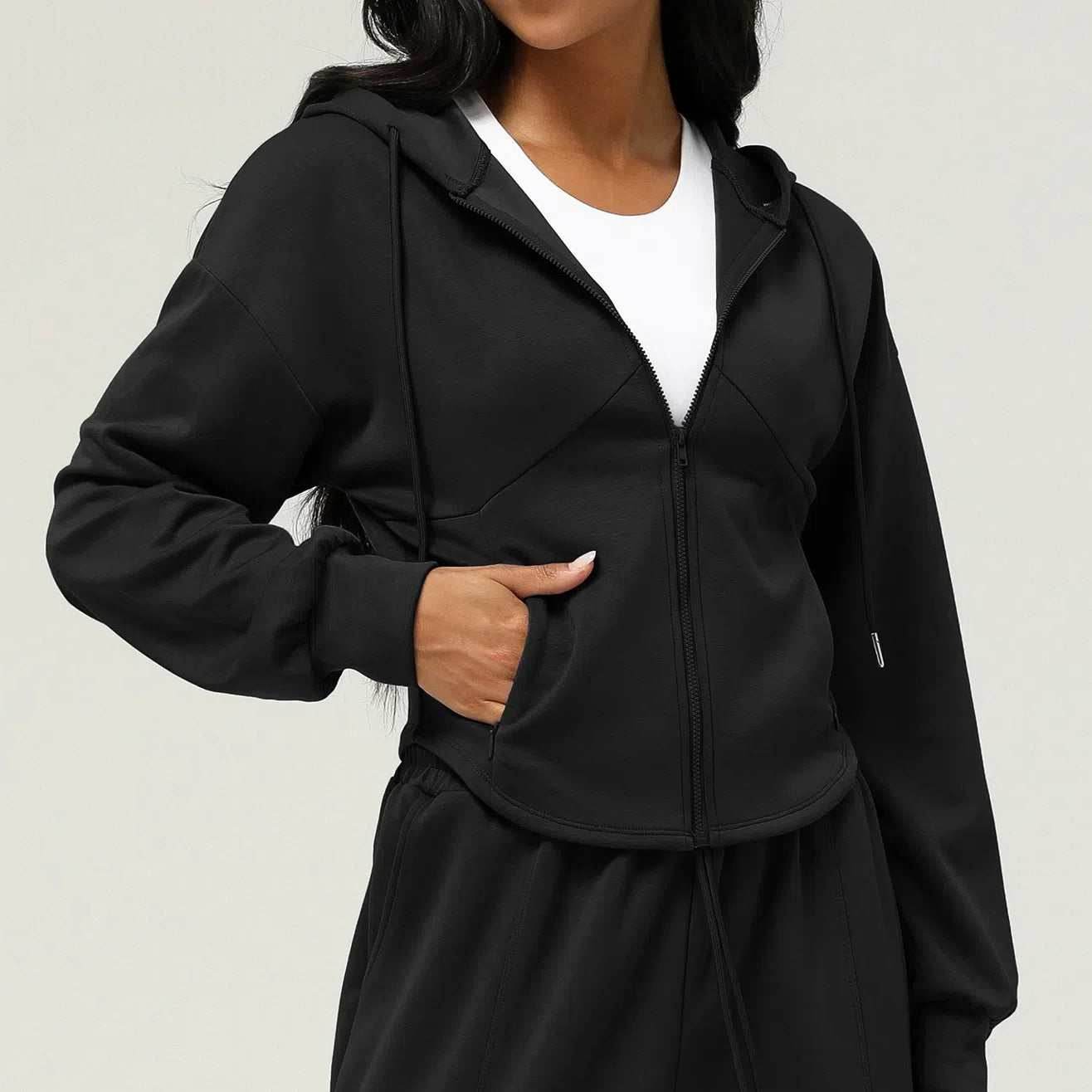 Long Sleeve Sports Coat With Hoodie - Black