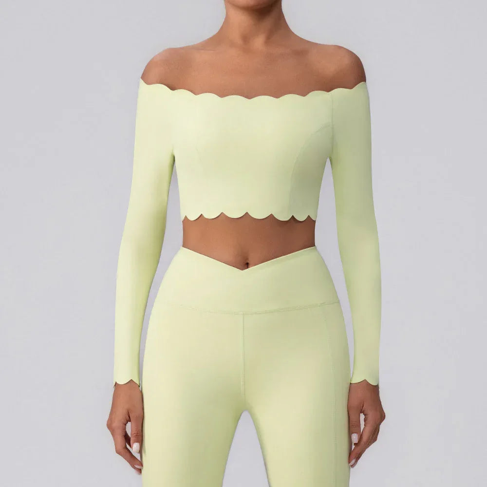 Off Shoulder Crop Tops Long Sleeve Shirt with Removable Cups - Yellow