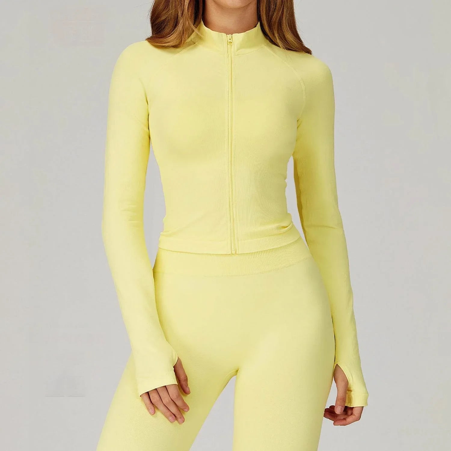 Zip Up Slim Athletic Jacket Yoga Crop Top with Thumb Hole - Light Yellow