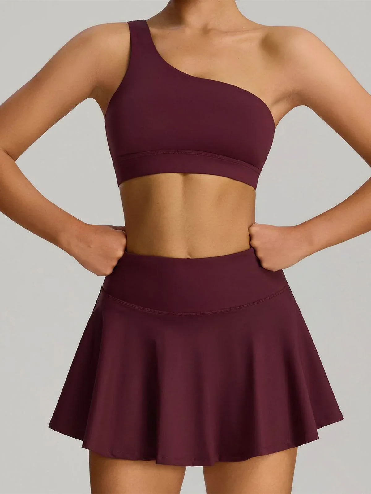 Sport Wear Set with One Shoulder Strap Bra and Skirt - Bordeaux Red