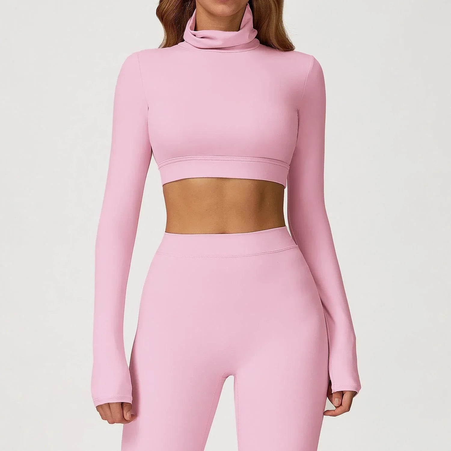 Backless Turtleneck Crop Top Long Sleeve Yoga T-Shirt - Cherry Blossom Pink