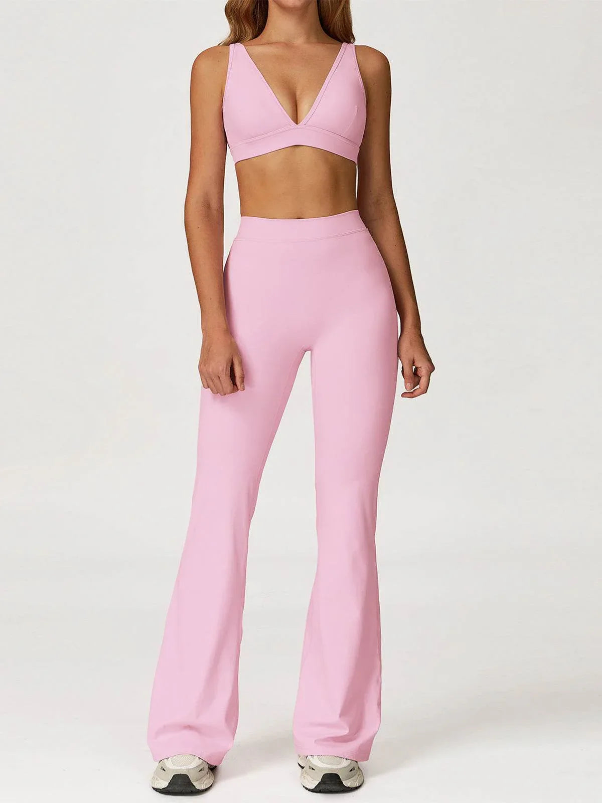 Activewear Set with Deep V-Neck Sports Bra and Flared Pant - Cherry Blossom Pink
