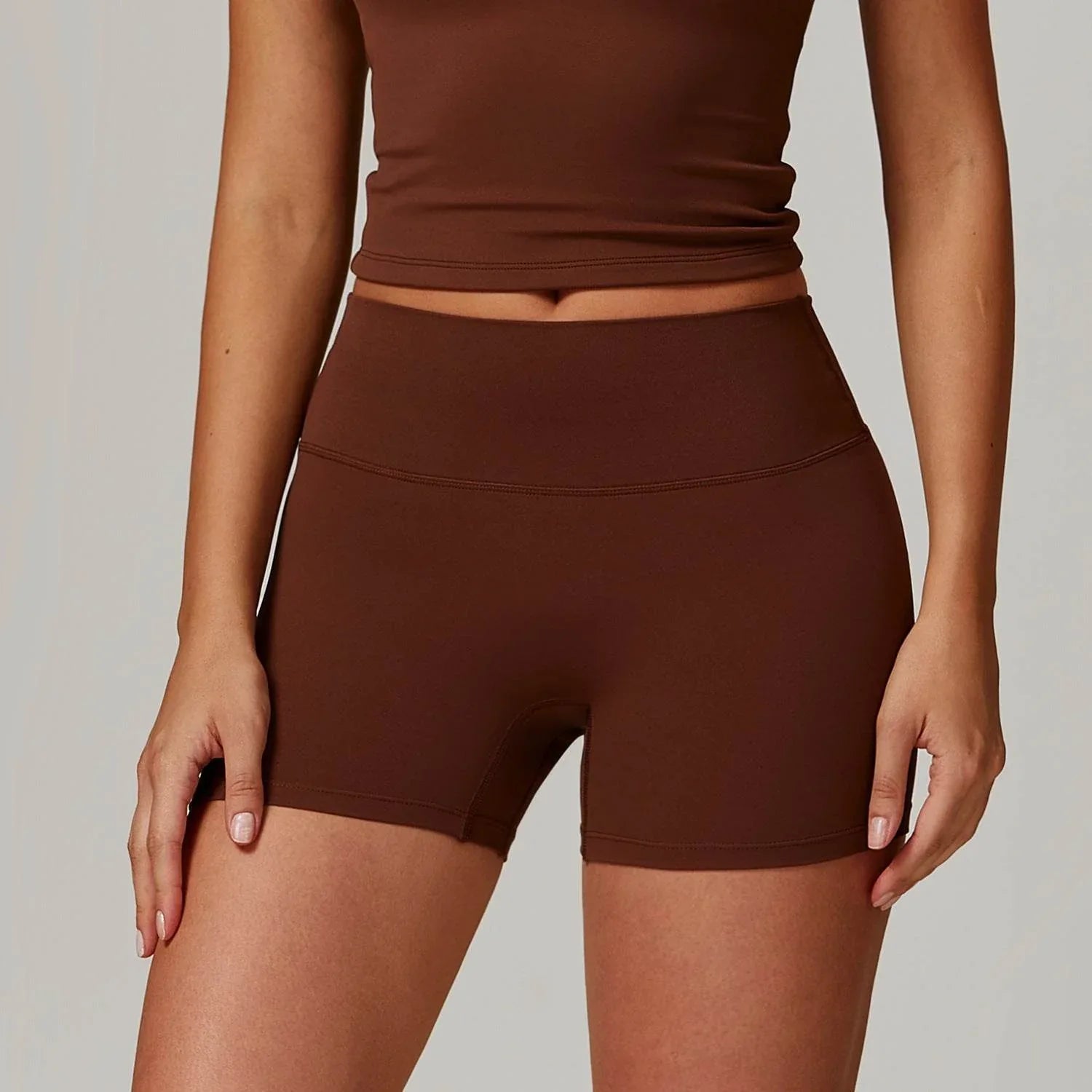 No Front Seam High Waist Biker Shorts - Chocolate Brown