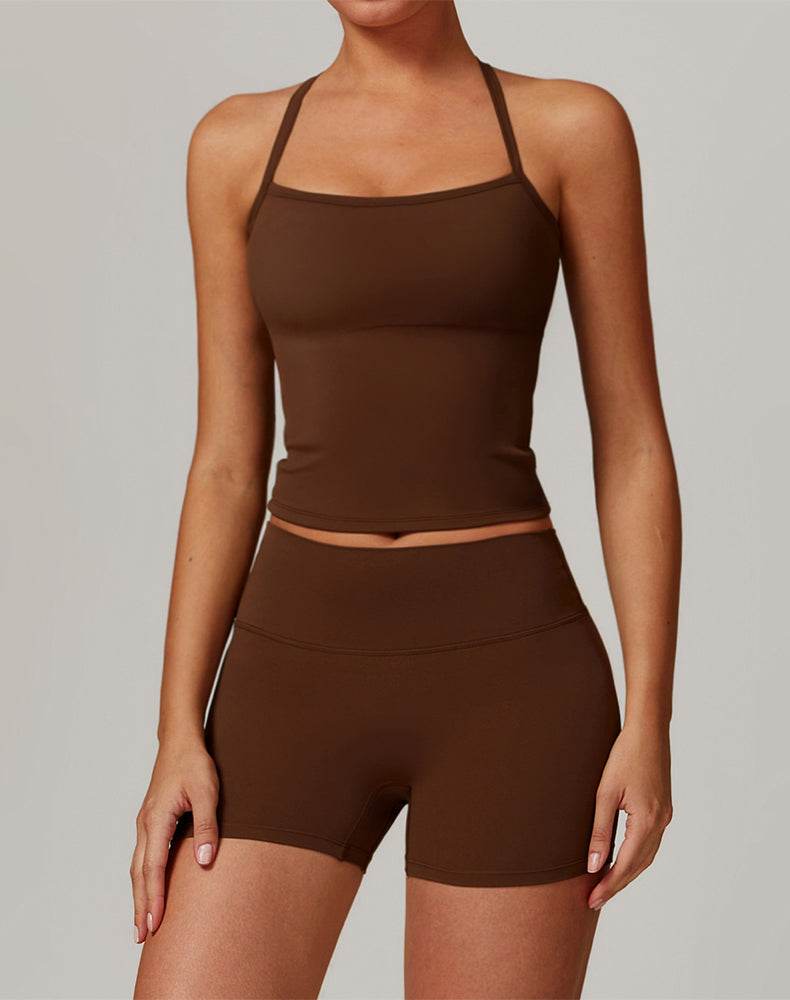 Athletic Wear with Criss Cross Back Tank Top and Short - Chocolate Brown