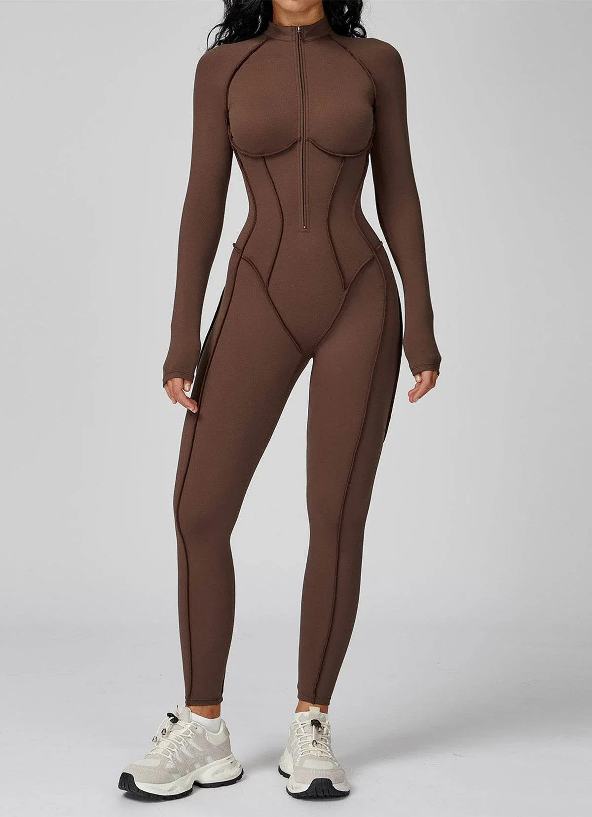Long Sleeve Zip Front Sport Jumpsuits One Yoga Rompers - Chocolate Brown