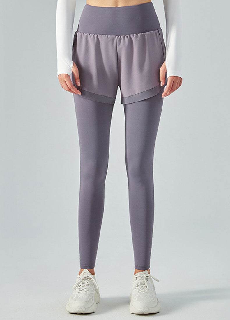 False Two Pieces Sports Leggings with Pockets Shorts