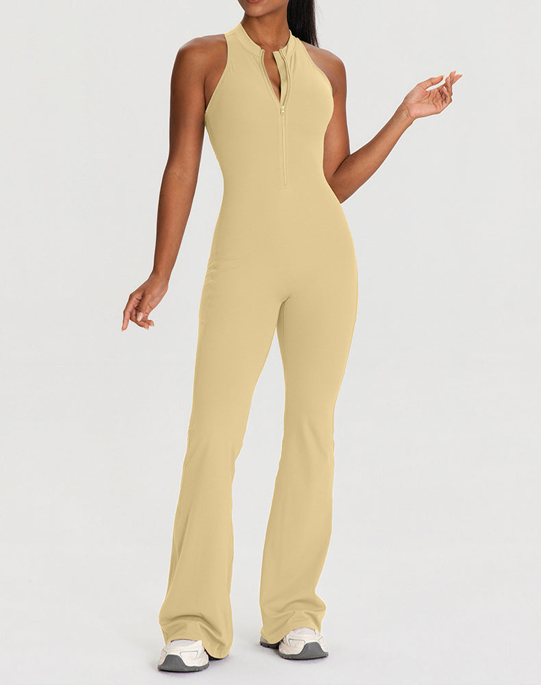 Zipper Racerback Yoga Bodysuit Flare Jumpsuit with Pockets