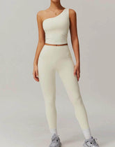 Solid Yoga Set With One shoulder Tank Top and Legging