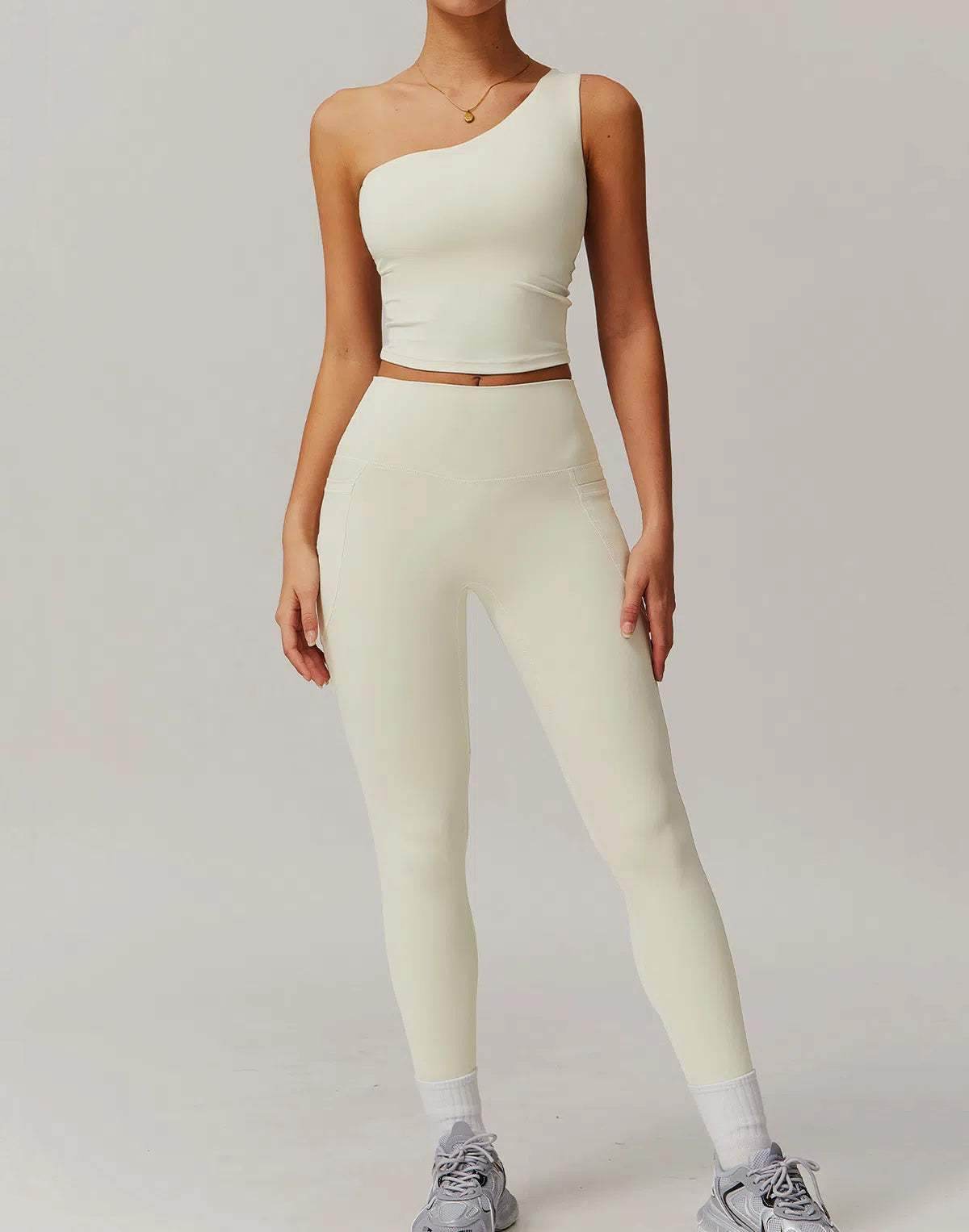 Solid Yoga Set With One shoulder Tank Top and Legging