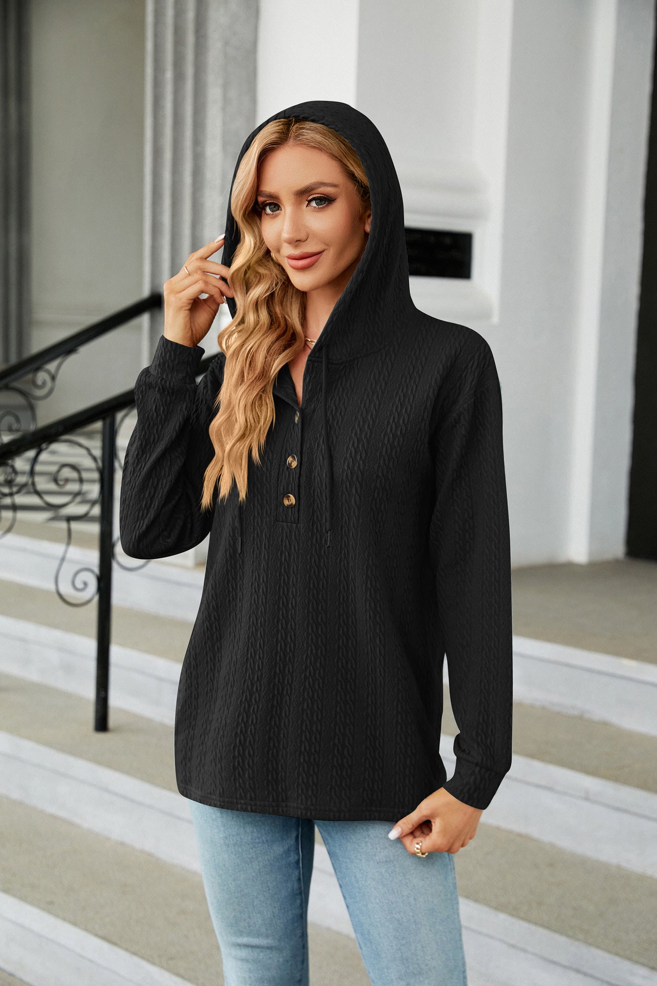 Button Hooded Sweatshirt Loose Long Sleeve Casual Tops