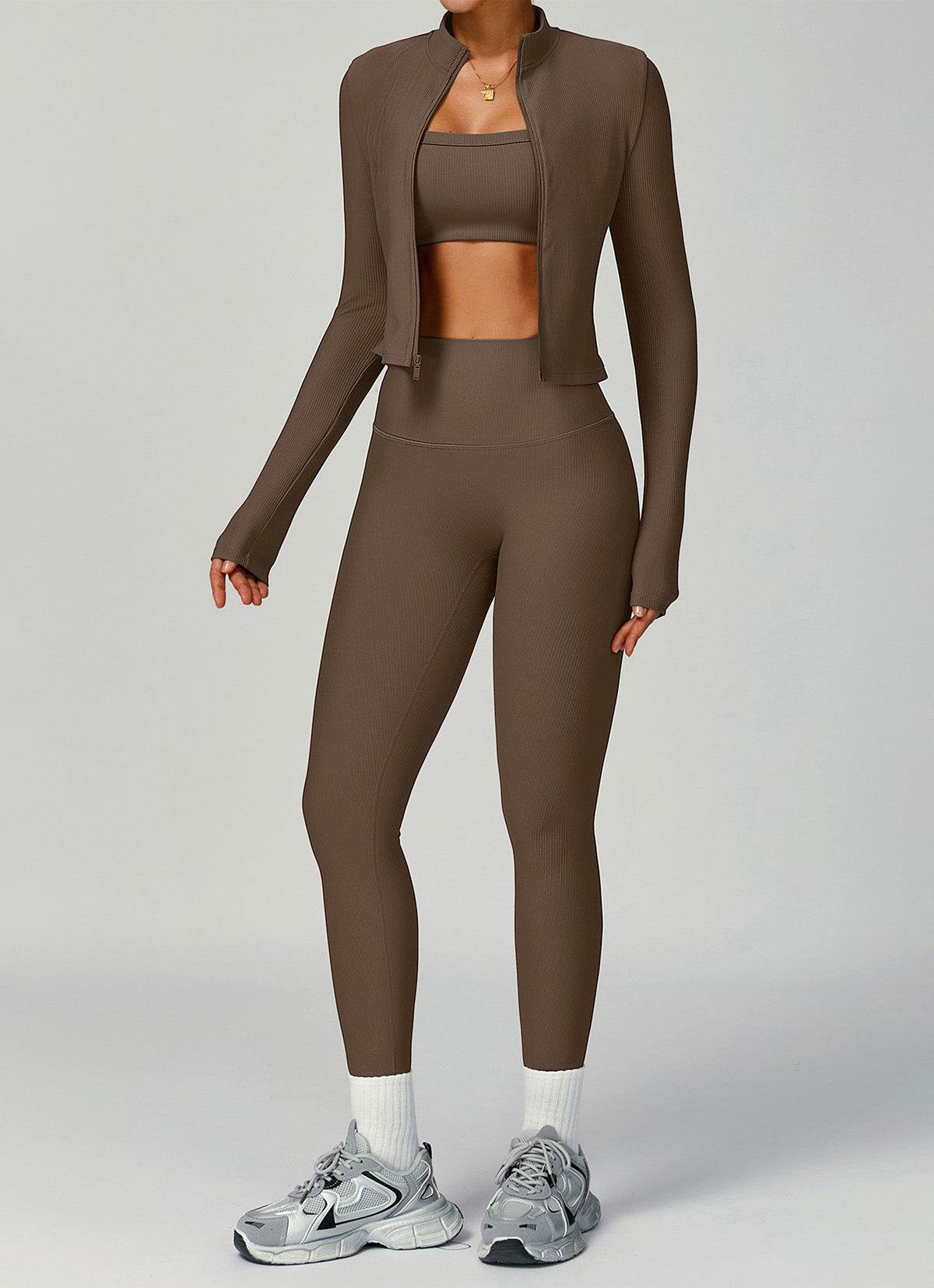 3 Pieces Ribbed Activewear Set with Bra, Jacket and Legging