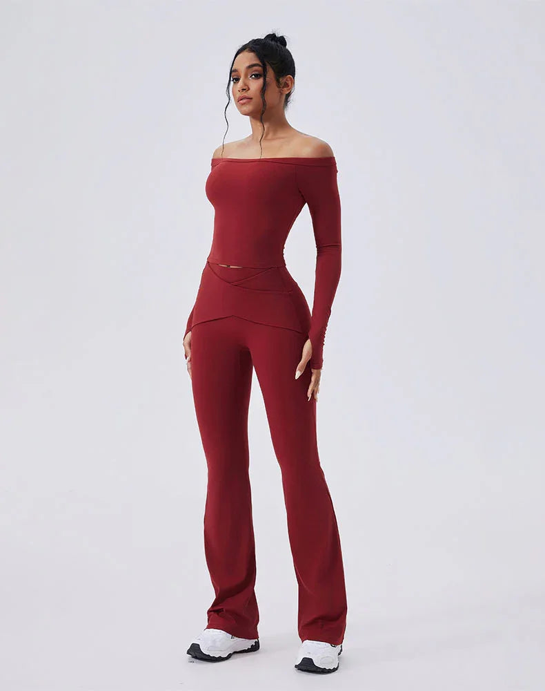 Activewear Set with Off-Shoulder Top and Flare Pant