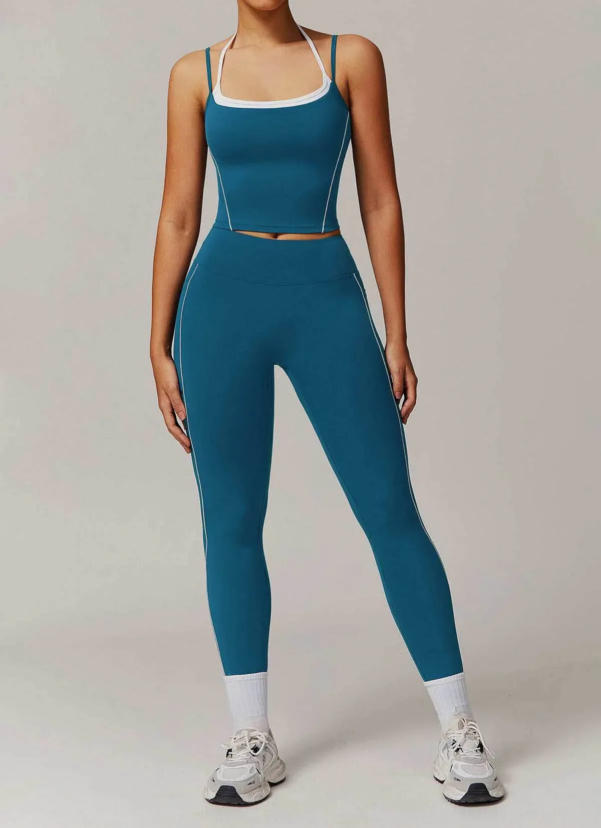 Activewear Set with Double Crossed Tank Top and Legging - Blue
