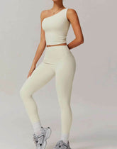 Solid Yoga Set With One shoulder Tank Top and Legging
