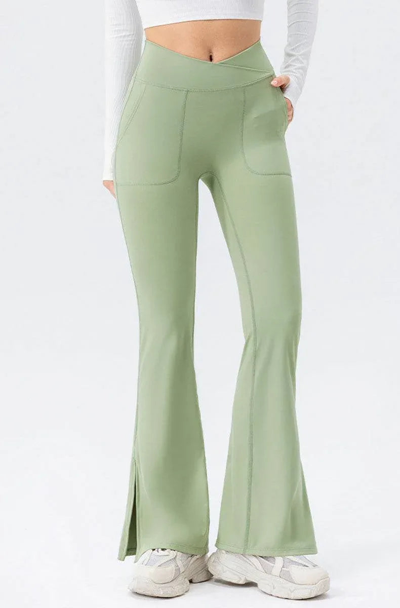 High Waisted Bootcut Flare Yoga Pants with Pockets - Green