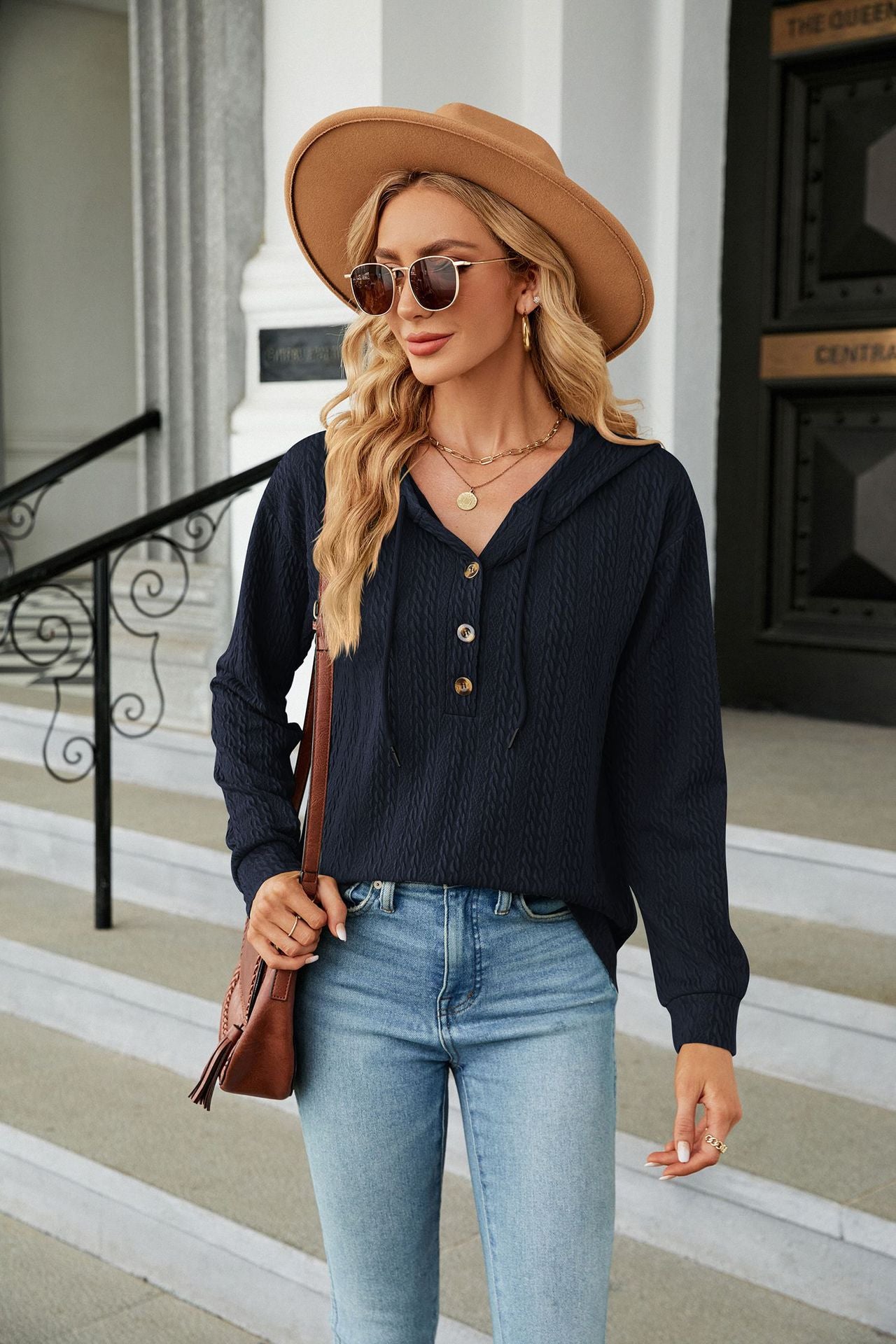 Button Hooded Sweatshirt Loose Long Sleeve Casual Tops