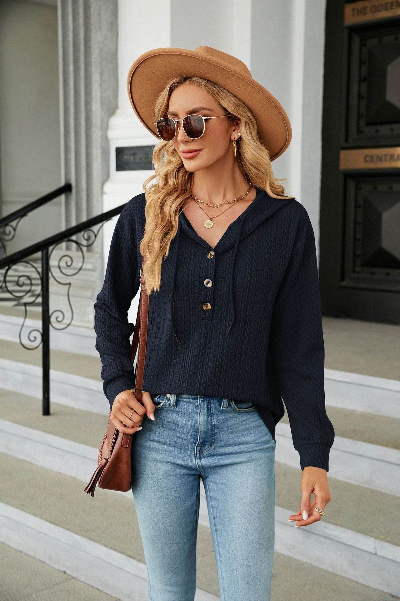 Button Hooded Sweatshirt Loose Long Sleeve Casual Tops