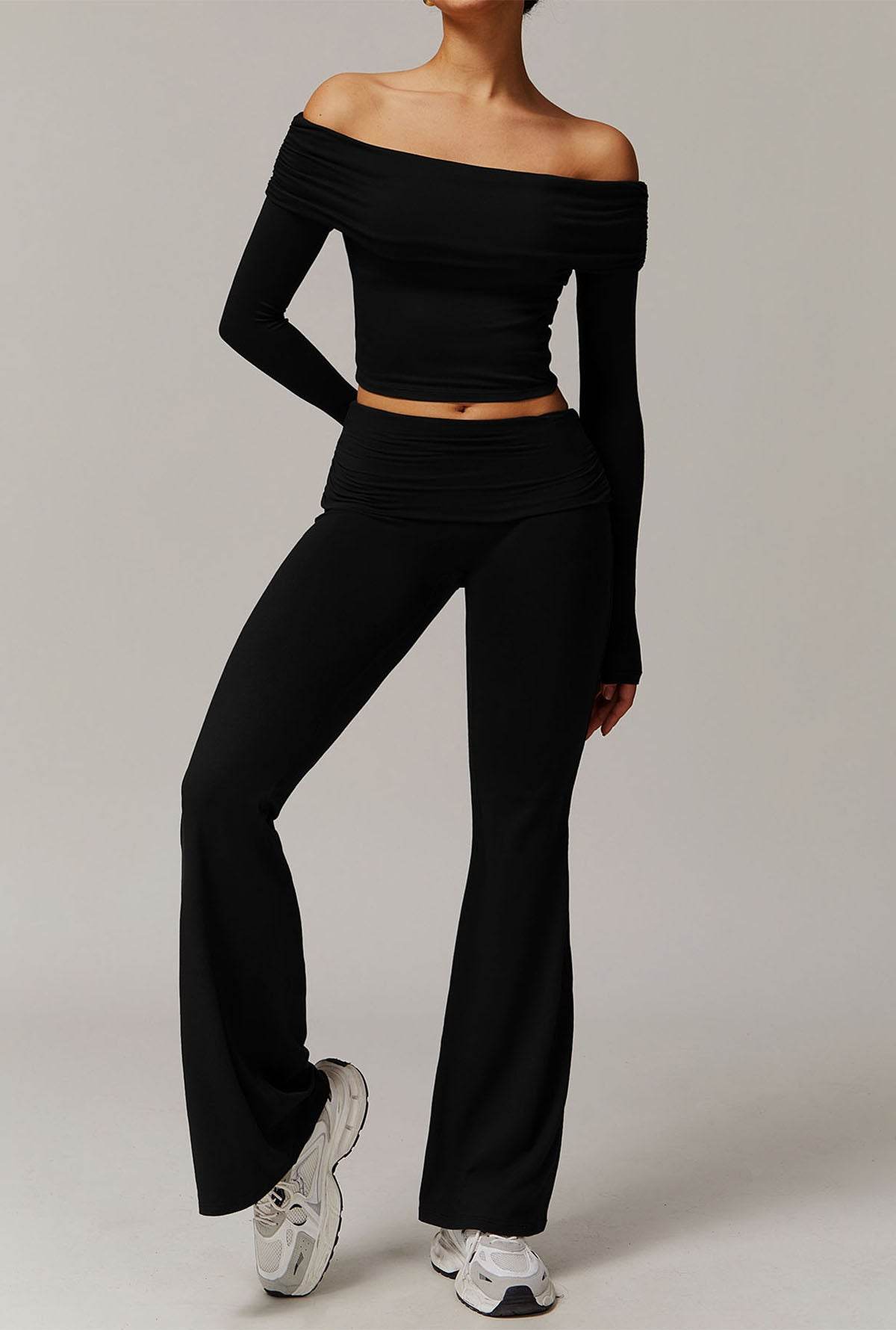 Active Wear Set with Long Sleeve Off Shoulder Crop Top and Flare Pants