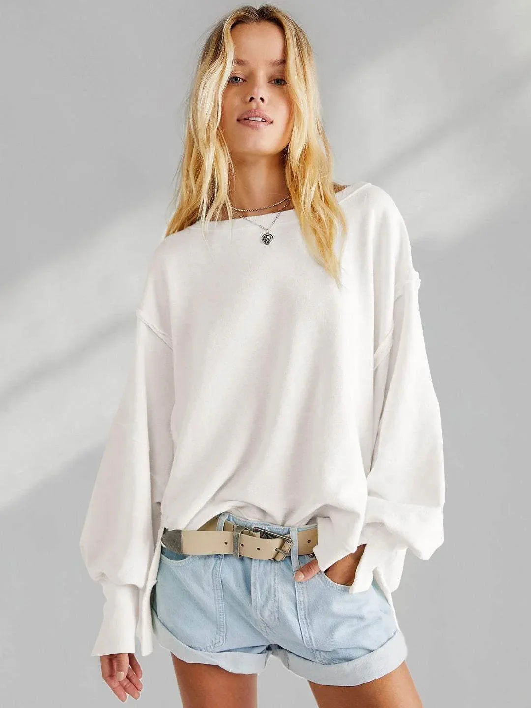 Oversized Long Sleeve Casual Sweatshirt - Off-White