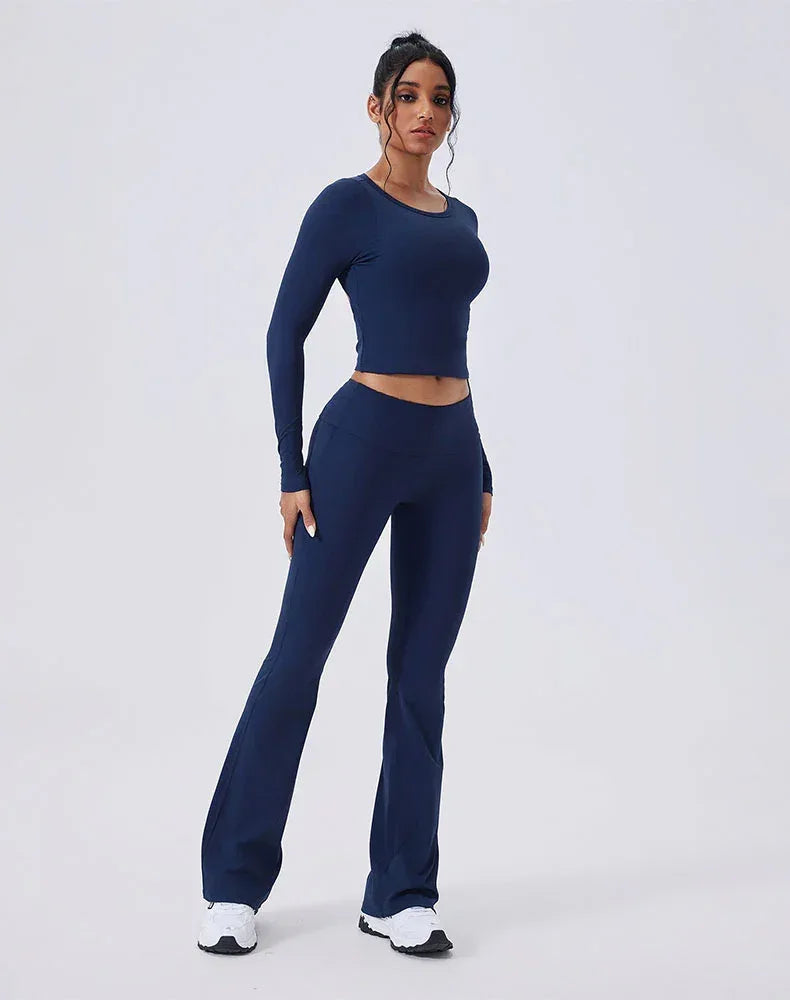 Activewear Set with Backless Top and Low-Waisted Flare Pant - Navy Blue
