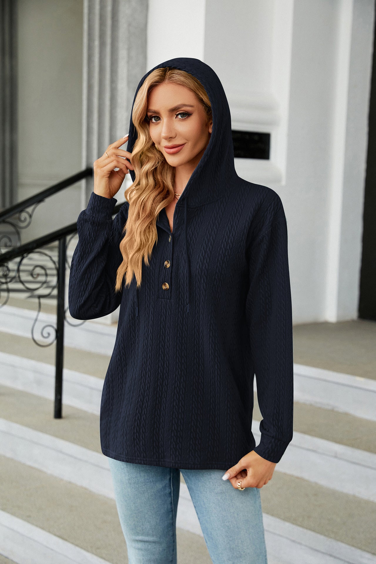 Button Hooded Sweatshirt Loose Long Sleeve Casual Tops