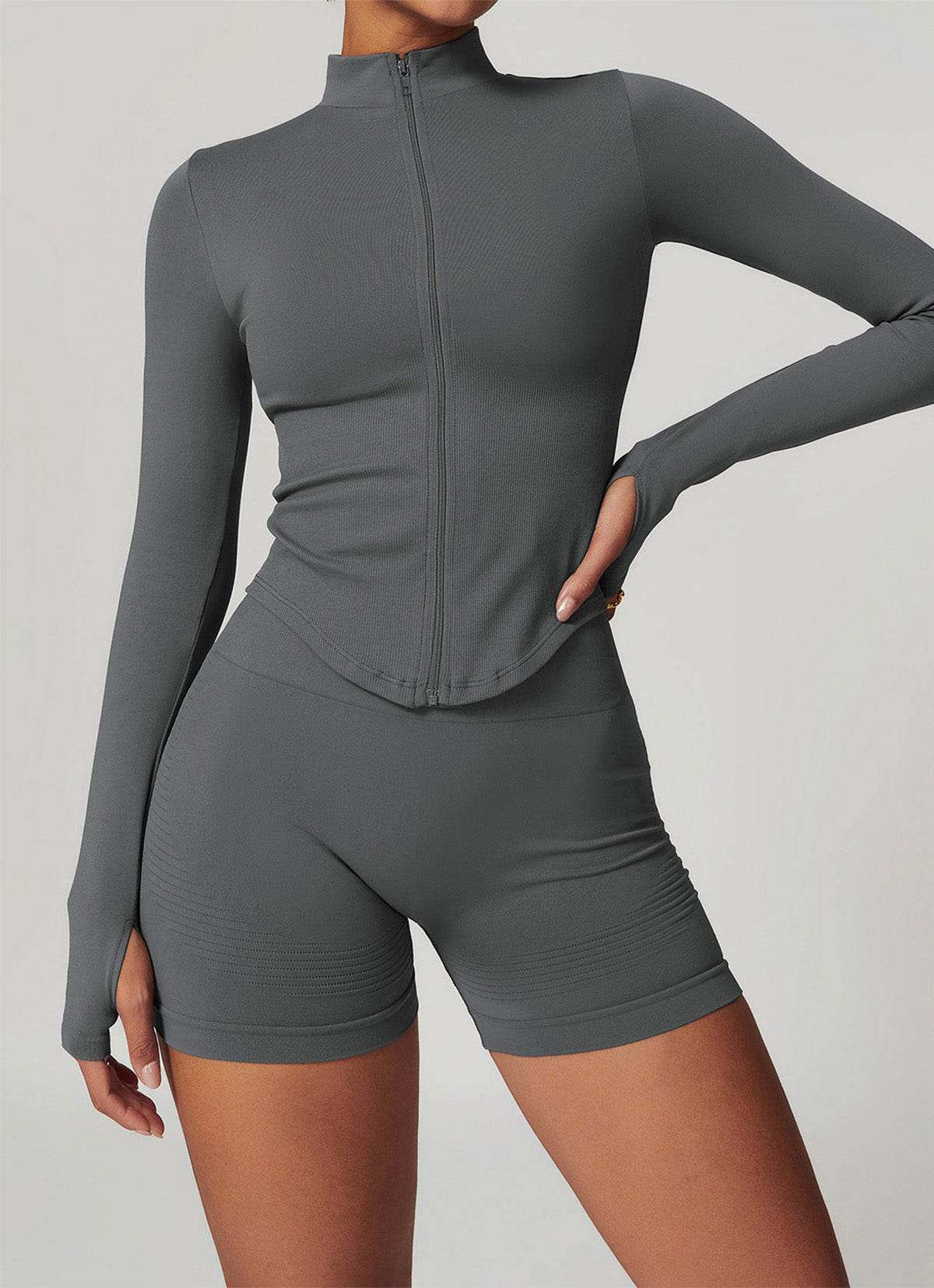 Full Zip Cropped Workout Jacket with Thumb Holes - Dark Gray