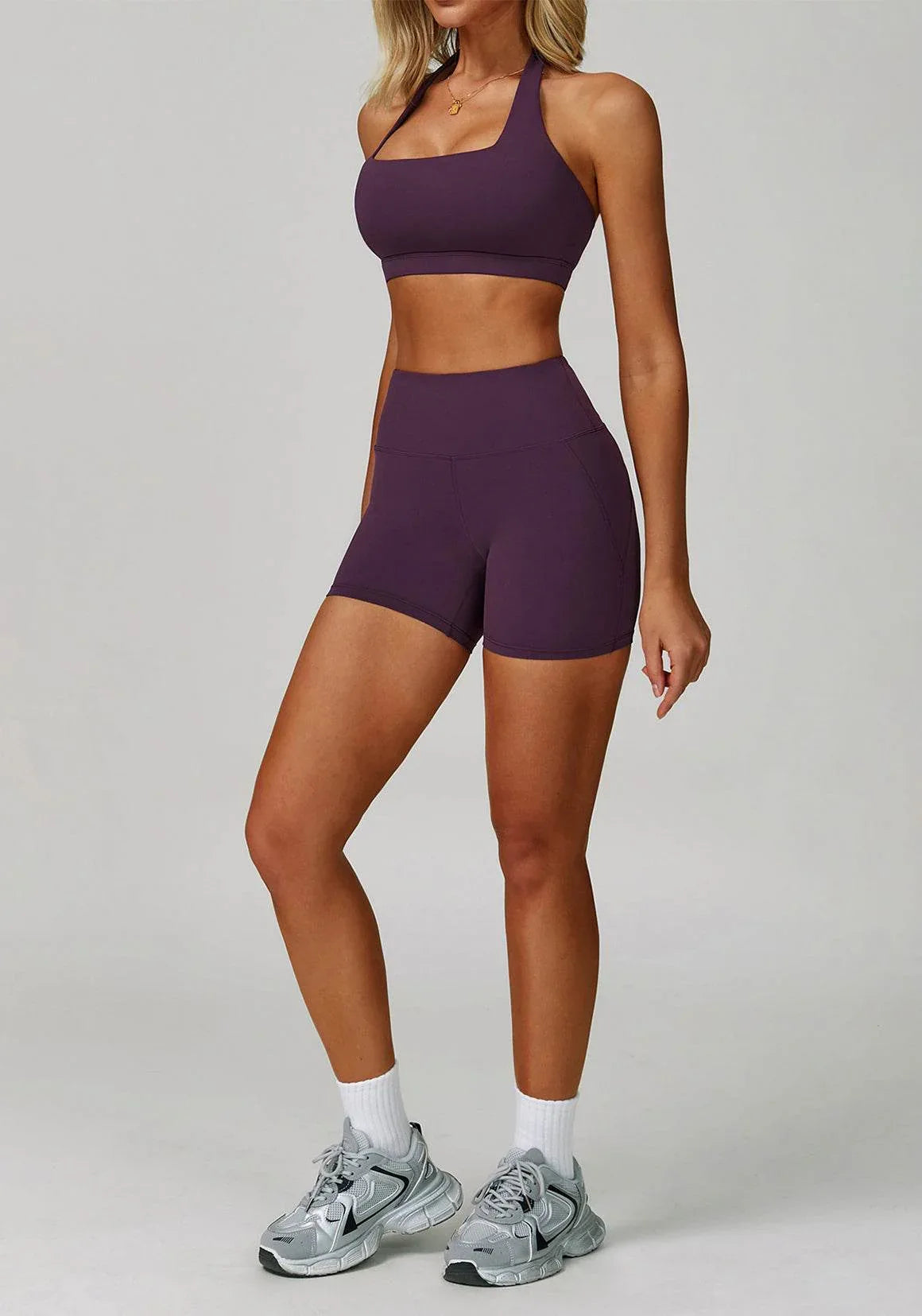 Activewear Set with Halter Sports Bra and Short - Purple