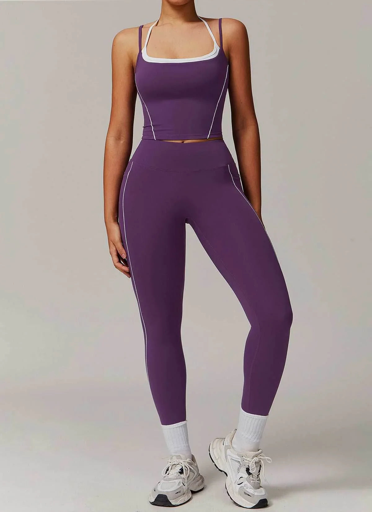 Activewear Set with Double Crossed Tank Top and Legging - Purple
