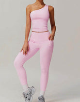 Solid Yoga Set With One shoulder Tank Top and Legging