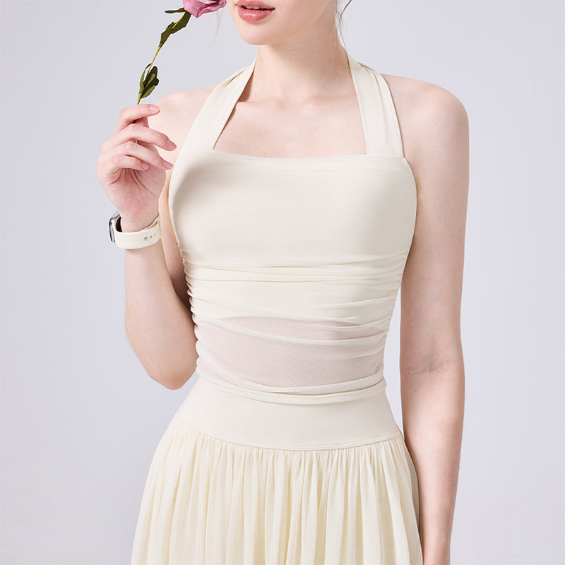 Halter Mesh Crop Tank Top Backless Slim Fit Sleeveless Shirt - Milk White