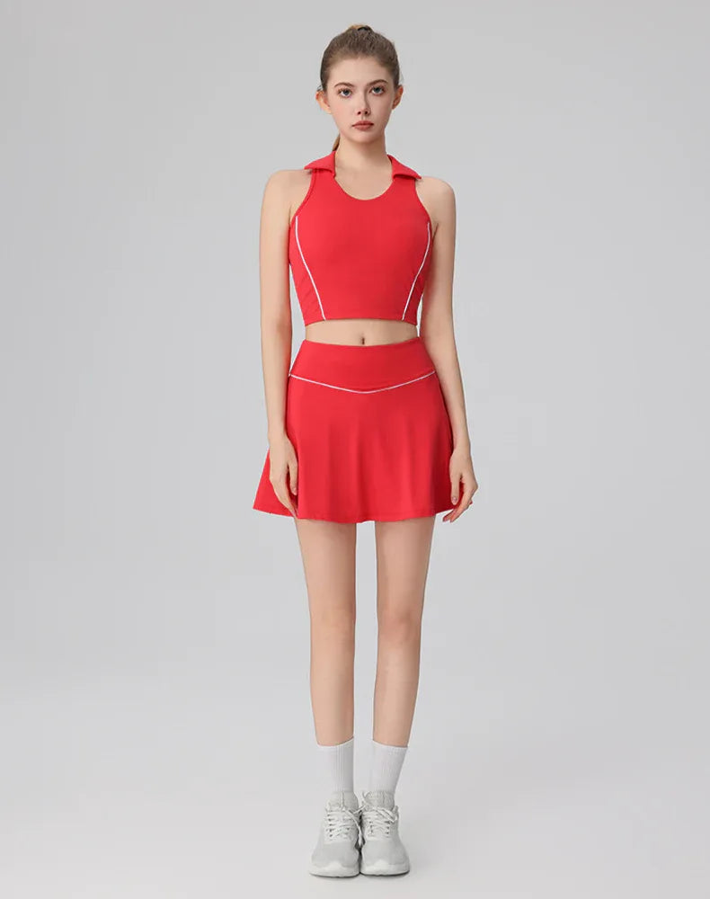 Tennis Sets with Polo Collared Crop Tank Top and Golf Skirt - Red