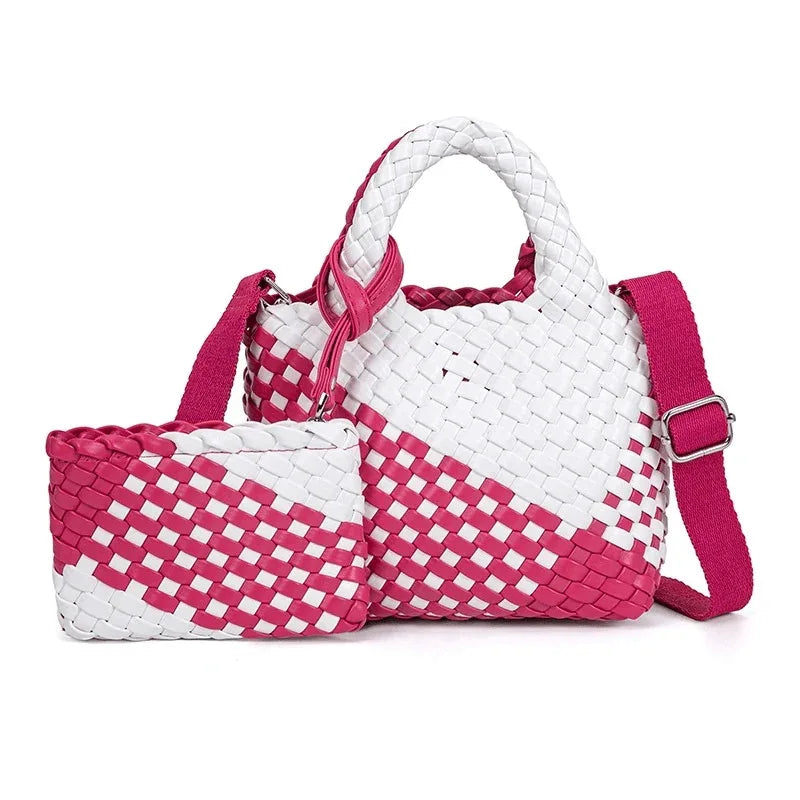 New Woven Pu Leather Tote Bag Crossbody - Hot Pink