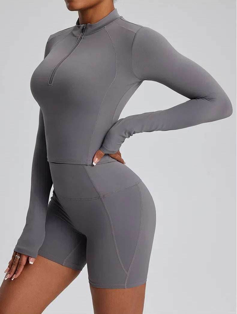 High Waist Fitness Set With Long Sleeve Shirt & Short