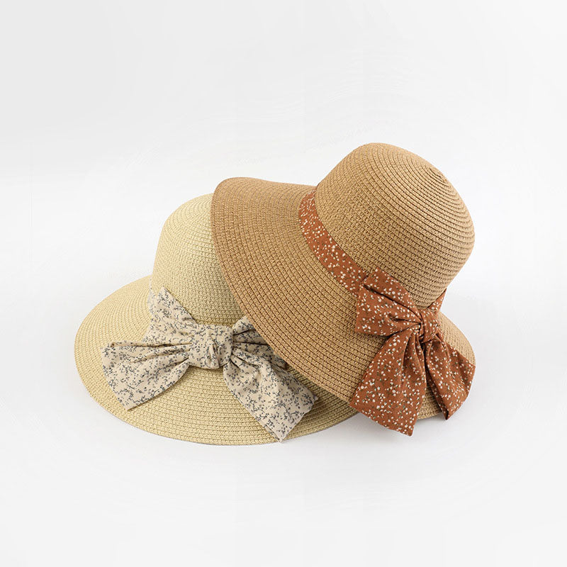 Summer Beach Sun Protection Straw Hat with Floral Bowknot