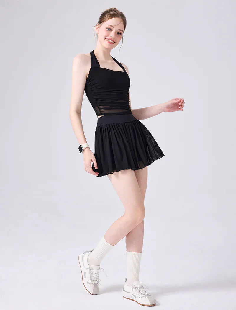 Mesh Tennis Sets with Halter Neck Crop Tank Top and Skirt - Black