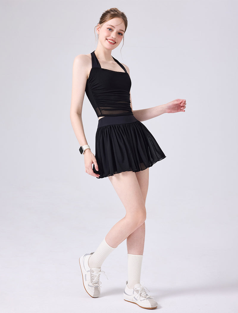 Mesh Tennis Sets with Halter Neck Crop Tank Top and Skirt