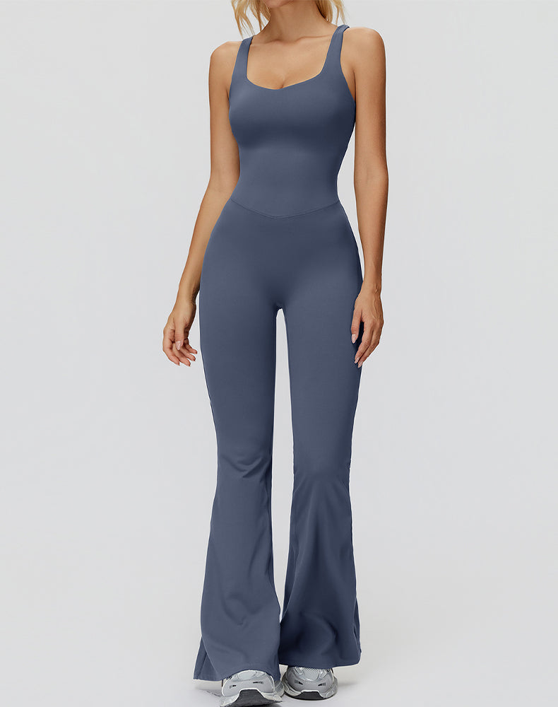 Cross Back One Piece Jumpsuit Yoga Flare Leg Rompers