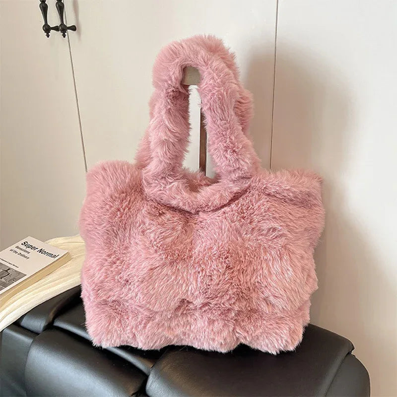 Fluffy Tote Bag Large Fur Winter Fuzzy Shoulder Handbag - Pink